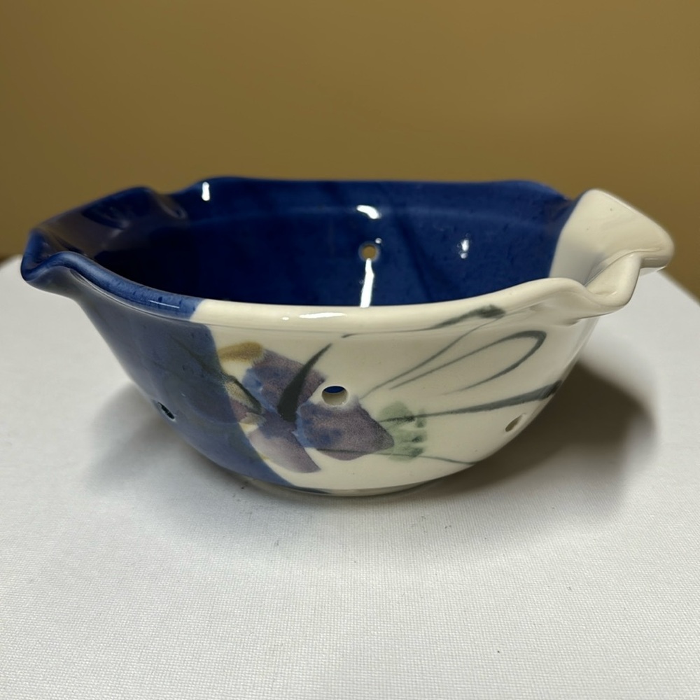 Follette Pottery berry bowl strainer cream blue and purple signed 8” diameter